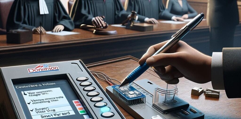 A cybersecurity expert demonstrates vulnerabilities in a Dominion voting machine in a courtroom, using a Bic pen and a smart card to show how votes can be manipulated. A judge and legal professionals observe the demonstration.